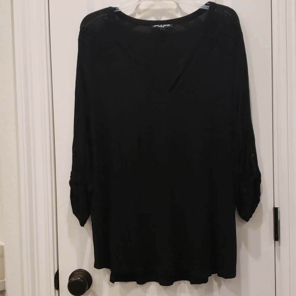 Crochet Embellished Black Tee Women Plus 1X Cable & Gauge 3/4 sleeves - Picture 3 of 15